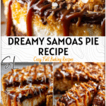 Slice of Samoas Pie showing caramel drizzle and coconut topping in a no bake dessert style.